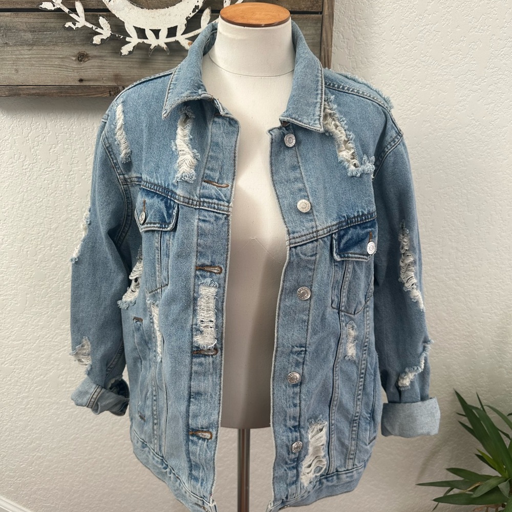 Nordstrom Topshop‎ Moto Distressed cotton Denim Jacket ladies US size 10